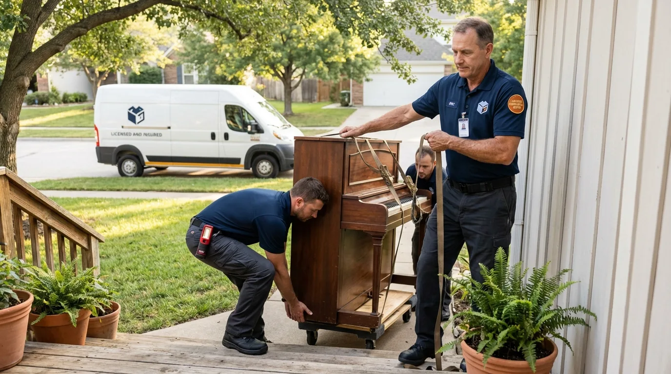 Licensed piano movers securing grand piano in Athena, OR