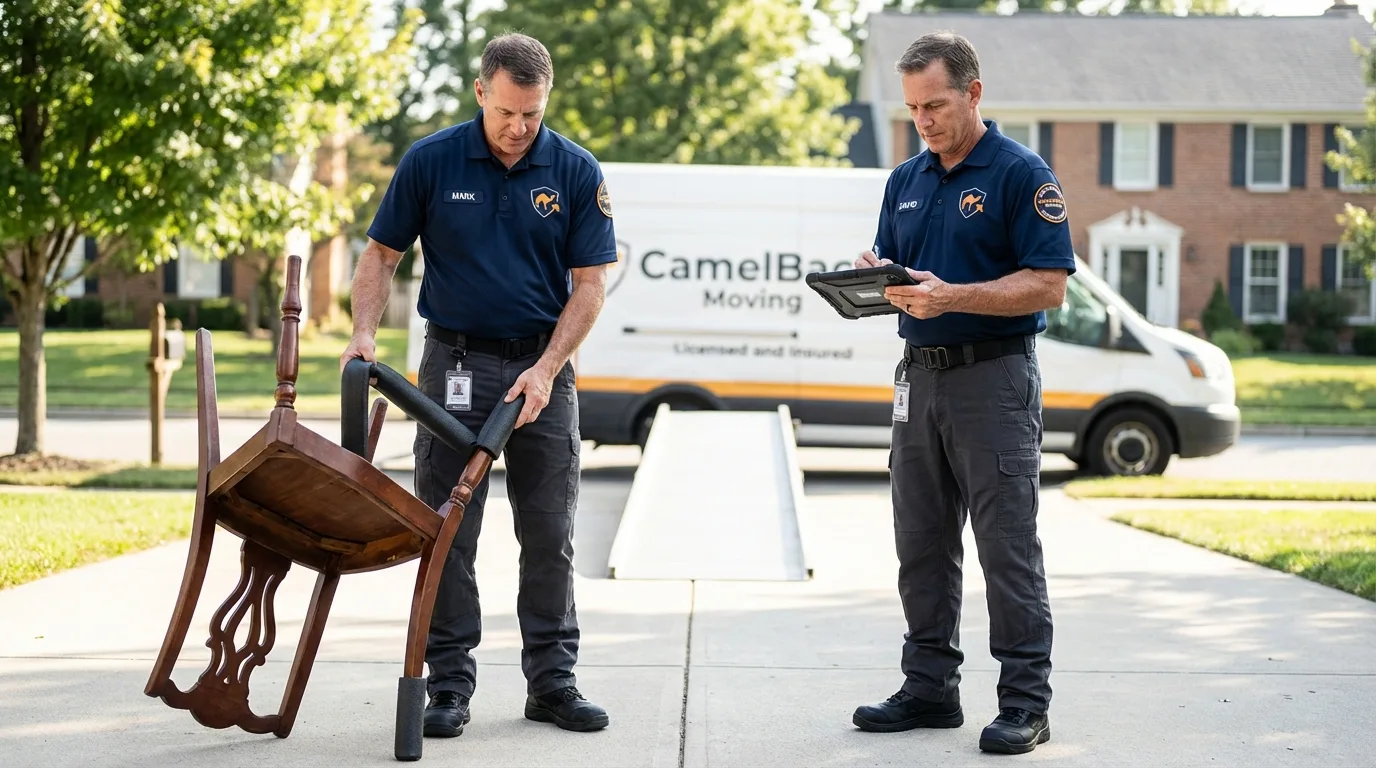 Movers inspecting furniture for damage prevention before loading in Athena, OR