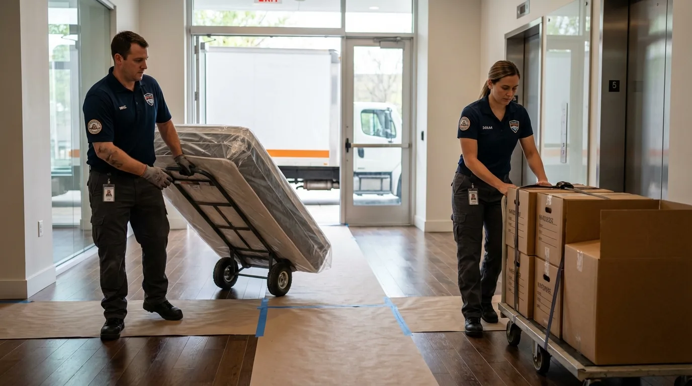 Professional apartment movers loading elevator in Athena, OR