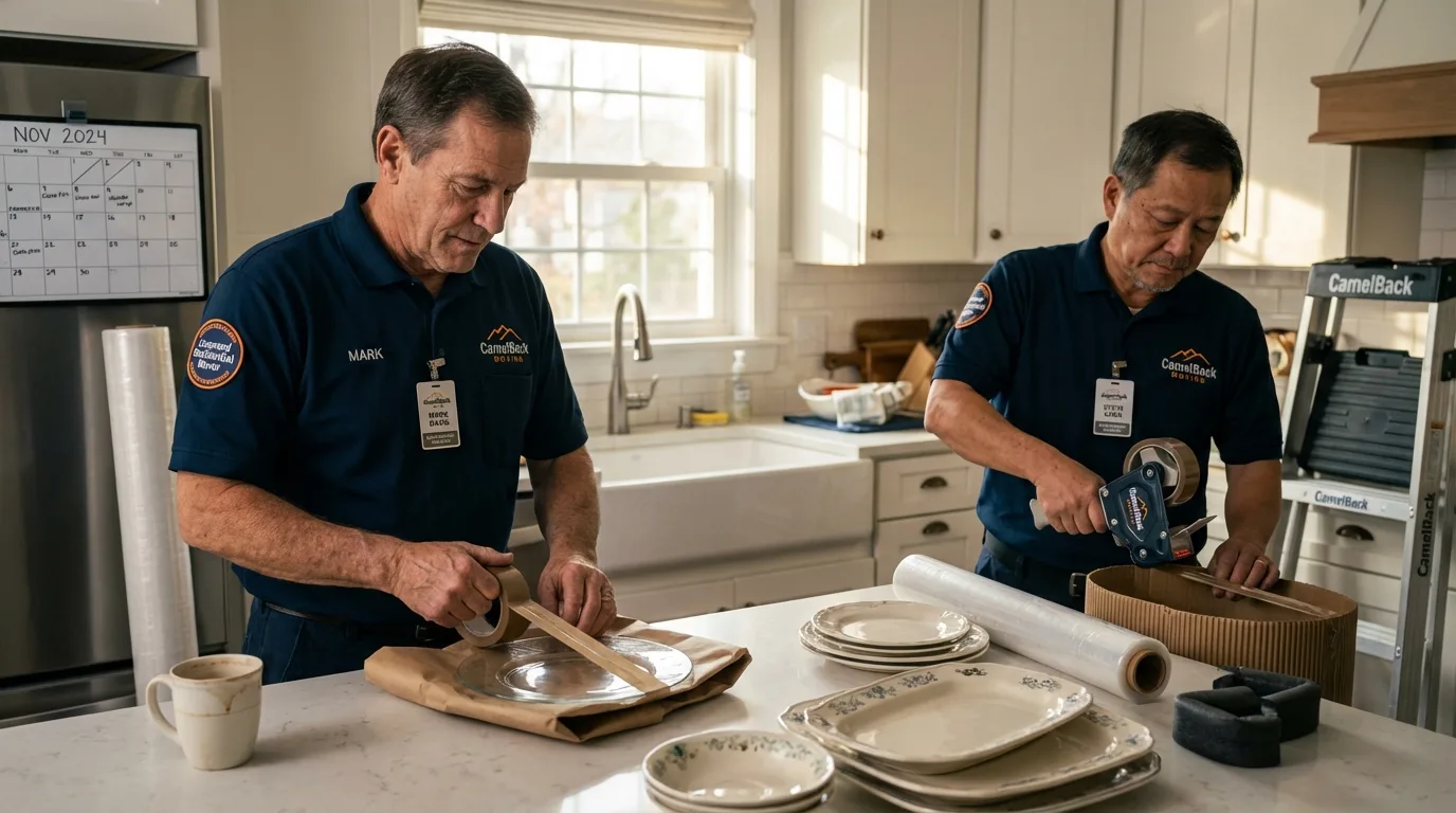 Professional crew packing kitchen dishware in Athena, OR